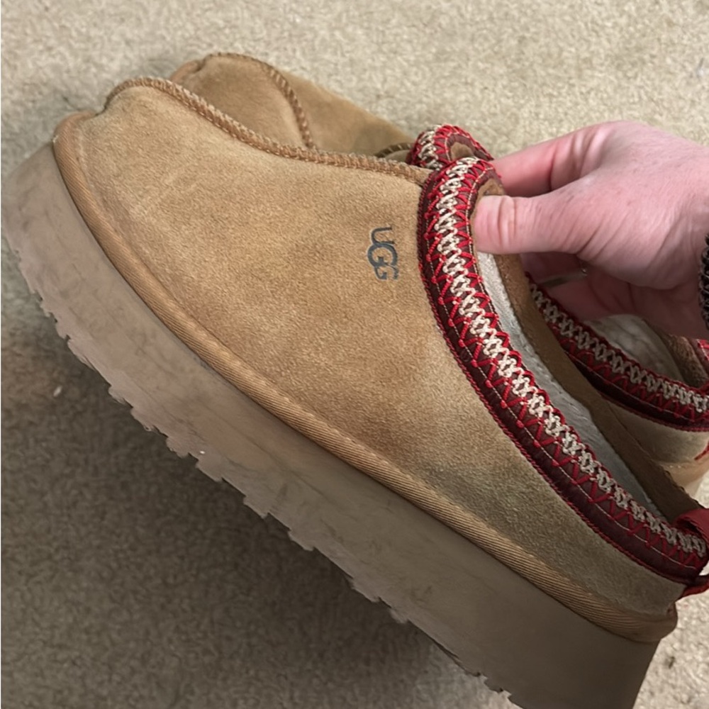 UGG Tan Suede Slip-On Clogs with Red Trim
